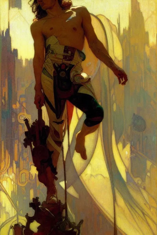 Image similar to attractive man, futurism, painting by gaston bussiere, craig mullins, greg rutkowski, alphonse mucha