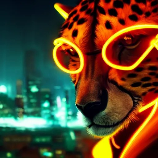 Image similar to a beautiful commission portrait of a male anthro cheetah wearing a neon jacket,futuristic,detailed face,mohawk,cyberpunk city,deviantart,artstation,art by greg rutkowski,ross tran,professional lighting,neon city,night,raytracing,highly realistic,4k,dramatic,hyperrealism