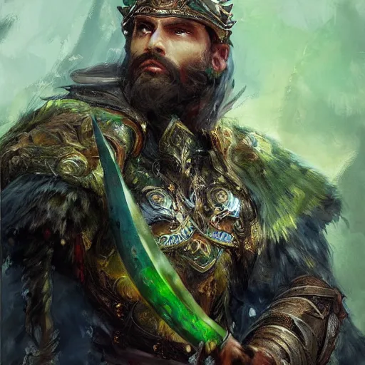Prompt: Half body shot of a king with a trimmed beard, dual wielding swords, wearing green dragonscale armor and a cheetah pelt cloak, fantasy, digital art by Ruan Jia