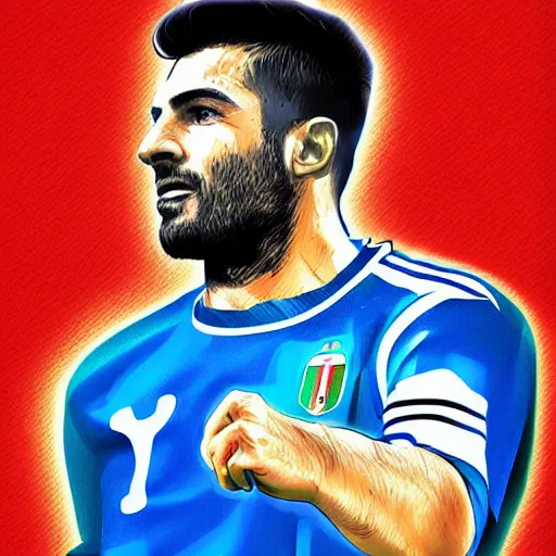 Image similar to italian football player, digital art, strong vision,