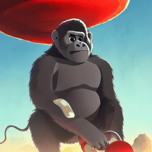 Image similar to cartoon gorilla wearing a black shirt, headphones on head, holding a red mushroom, landscape illustration concept art anime key visual trending pixiv fanbox by wlop and greg rutkowski and makoto shinkai and studio ghibli and kyoto animation