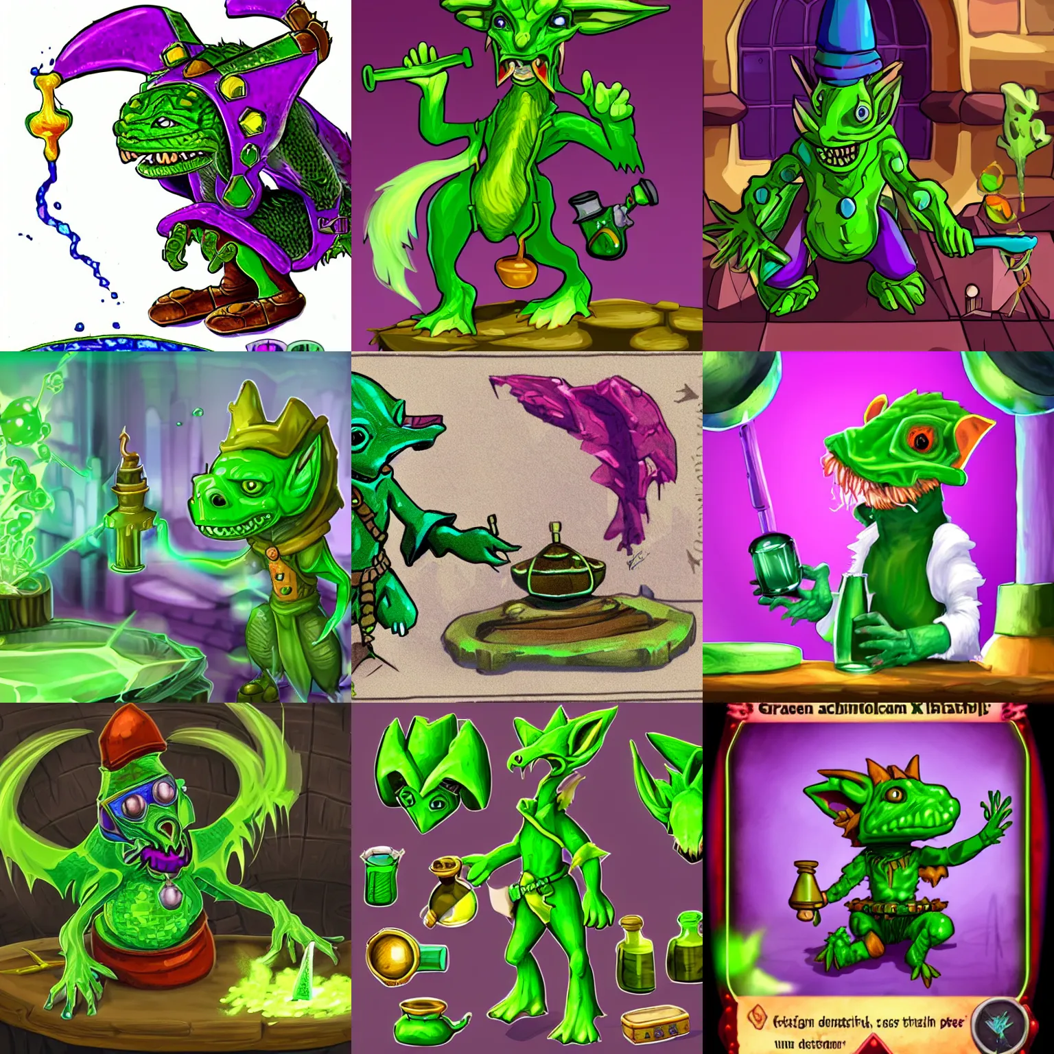 Prompt: green kobold alchemist preparing potions, vibrant, colorful, beautiful space, very high quality, sharp, crisp