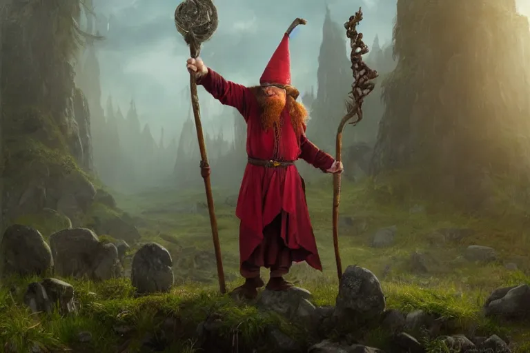 Image similar to realistic portrait of a red headed wild magic sorcerer dwarf wearing a wizard hat and holding a staff, 3d scene, render, ultra realistic, zenith view, Greg Rutkowski, artstation, cgsociety, level design, unreal engine, 3d scene, render, ultra realistic, zenith view, Enki Bilal style