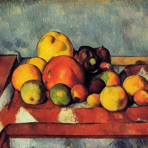 Image similar to still life of fruits, placenta, air fryer by Cezanne