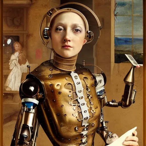 Image similar to Renaissance painting with steampunk elements of a female robot using a computer