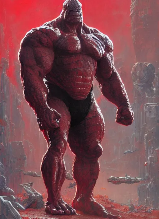 Image similar to brock lesnar as reptilian red hulk wearing scifi armour suit, dynamic action, by lawrence alma - tadema and zdzislaw beksinski and norman rockwell and jack kirby and tom lovell and greg staples, artstation creature art