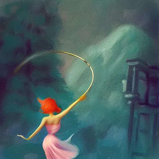 Image similar to fairy, aerial hoop, cinematic lighting, soft bokeh, fantasy, modern, colourful, highly detailed, digital painting, artstation, deviantart, concept art, sharp focus, illustration, by Edward Hopper and Rene Magritte