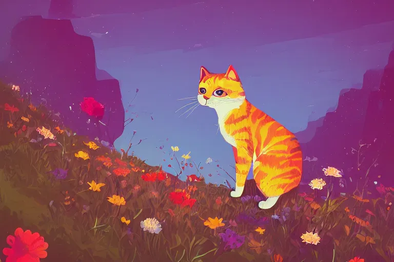 Image similar to a digital art of a cat standing on the top of the hill with flowers around in the afternoon, sunshine, cute, illustration, animal, light effect, highly detailed, by anton fadeev