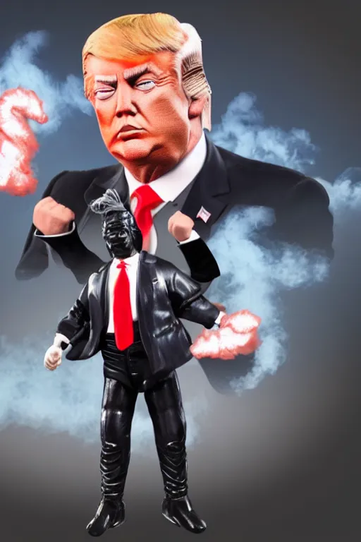 Image similar to detailed illustration, donald trump as a 1 9 8 0 s wrestling action figure, ultra realistic, dramatic lighting, thick black swirling smoke tornado, artstation