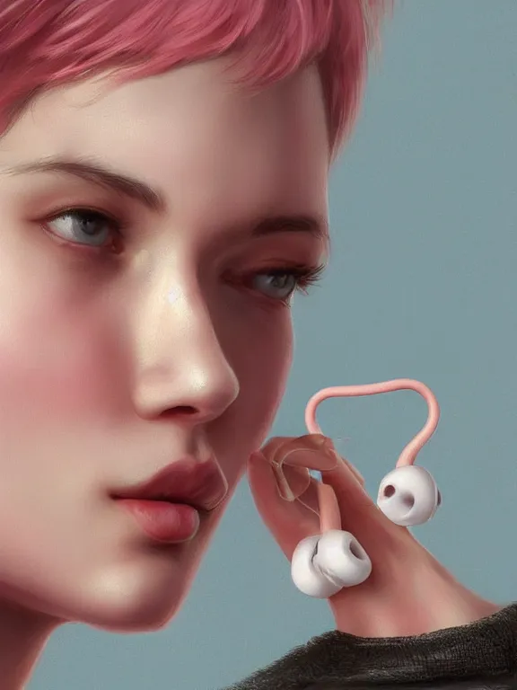 Prompt: beautiful russian girl with short pink hair and nose piercing, wearing airpods, thin round earrings, winds of winter, au naturel, hyper detailed, digital art, trending in artstation, cinematic lighting, studio quality, smooth render, octane rendered, concept art, sharp focus, illustration, art by artgerm and greg rutkowski and wlop