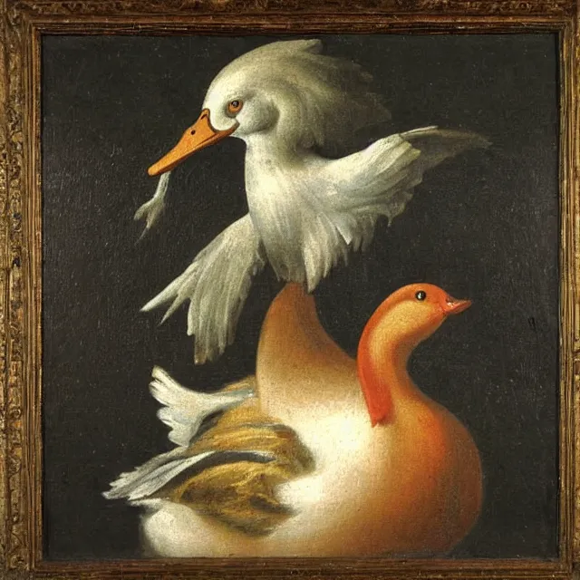 Image similar to baroque dutch painting from 1 6 7 0 of a duck holding a trangle