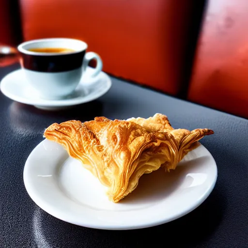 Prompt: close up realistic detailed photo of a steaming cup of coffee on a saucer with a flaky pastry on the side and a coffee spoon next to it on the table in a hotel lobby, liminal, hdr, volumetric lighting, dim light, diffuse light