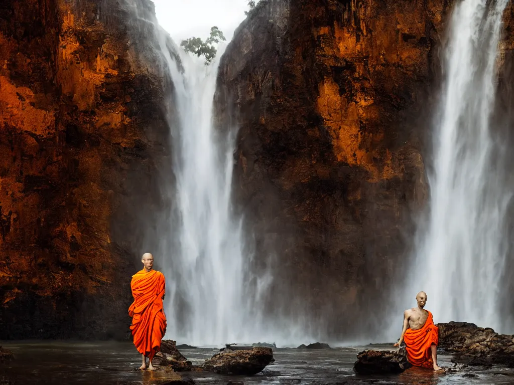 Image similar to dang ngo, annie leibovitz, steve mccurry, a simply breathtaking shot of mediating monk in orange, giantic waterfall, bright moonlight, golden ratio, wide shot, symmetrical