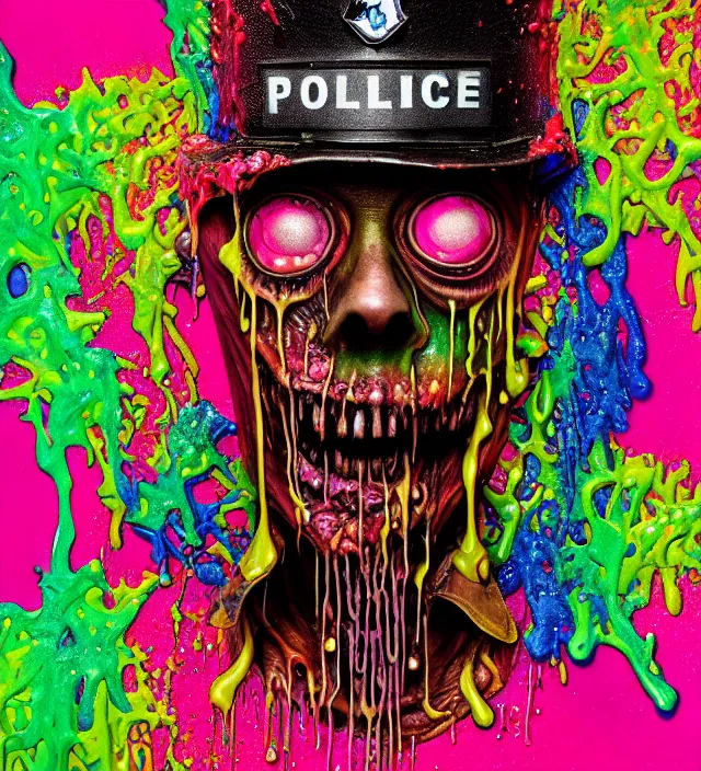 Image similar to beautiful 3 5 mm photograph of a slimy rotting zombie wearing a police uniform and police hat covered in colorful wet goop, dripping with colorful liquid, policeman, cop, biocop, intricate details, dark ambient, service cap, atmospheric, movie poster, poster, horror, elegant, super highly detailed, professional digital photo, artstation, concept art, 8 k