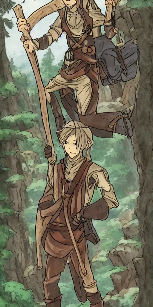 Image similar to an wood elf boy getting ready for an high fantasy adventure on the mountain side, anime style, tarot card,