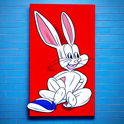 Image similar to photo of bugs bunny sitting infront of a red wall with blue stripes ultra realistic, hyper realistic, highly detailed, sharp focus, digital art