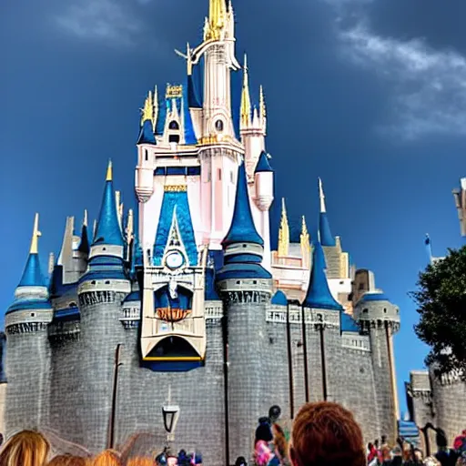 Image similar to cinderella castle at magic kingdom in the year 3035, travel blog photograph