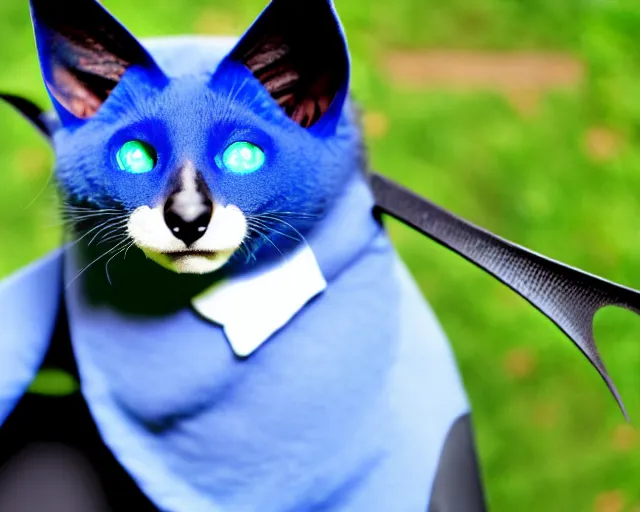 Image similar to a blue - and - black male blue / green heterochromatic catbat fursona with blue / green heterochromatic eyes ( one eye green ) and huge bat ears, photo of the catbat streaming on his computer