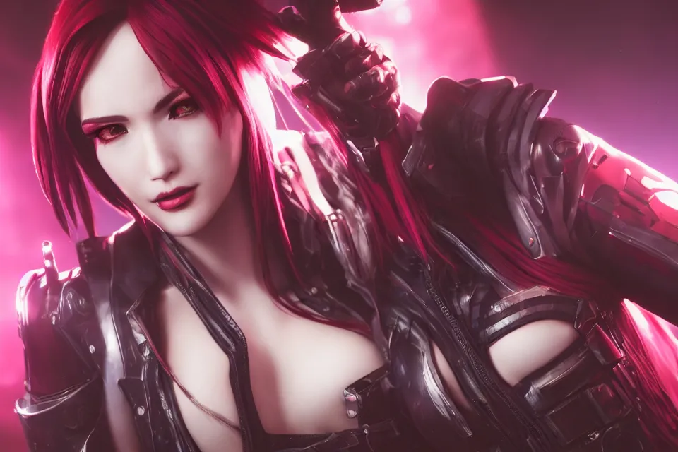 Image similar to Cyberpunk themed Katarina from League of Legends, detailed body and face accurate anatomy, in the style of Z.W. Gu from trending on artstation, HD, Octane render, smooth, sharp focus, Anime style