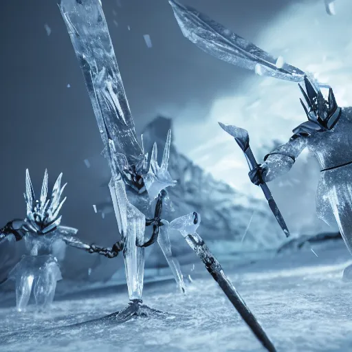 Image similar to ice spikes are summoned from the ground by magic, impalement knights by ice spikes, octane render, unreal engine