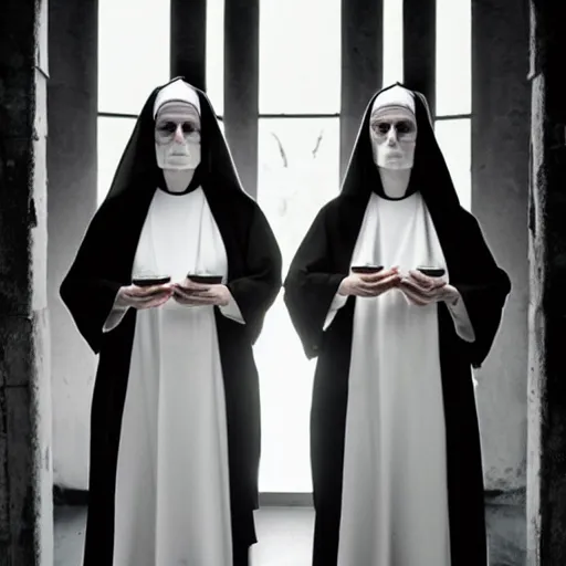 Image similar to award winning photo Floating twin nuns wearing translucent habits Very long arms, in a sanctuary, eerie, frightening —width 1024 —height 1024