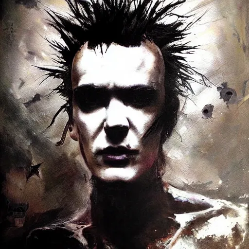 Image similar to stunning portrait of gaunt sid vicious a ( the cure fan ) as dream from sandman, dim stars as eyes, by jeremy mann, by cedric peyravernay, by by russ mills, by richard avedon and ben templesmith, dramatic lightning, sadness, dark eye sockets, in the shadows, punk rock, gothic, high detailed, 8 k