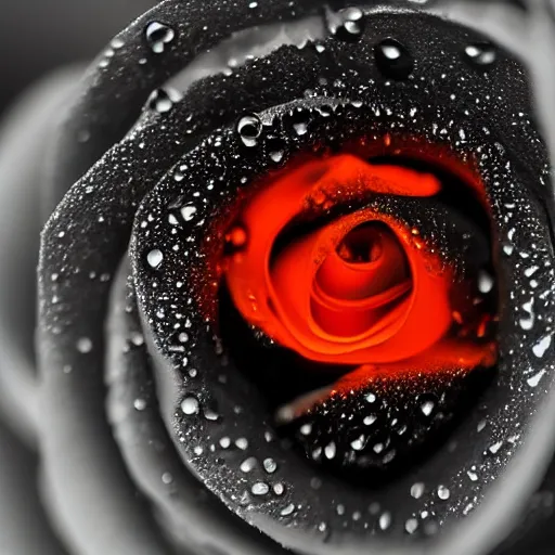 Image similar to award - winning macro of a beautiful black rose made of glowing molten magma