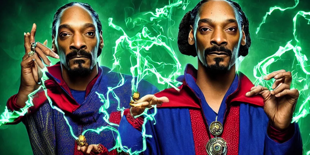 Image similar to snoop dogg as the doctor strange, marijuana leaves, green light, highly detailed, marvel cinematic universe, mcu, photo