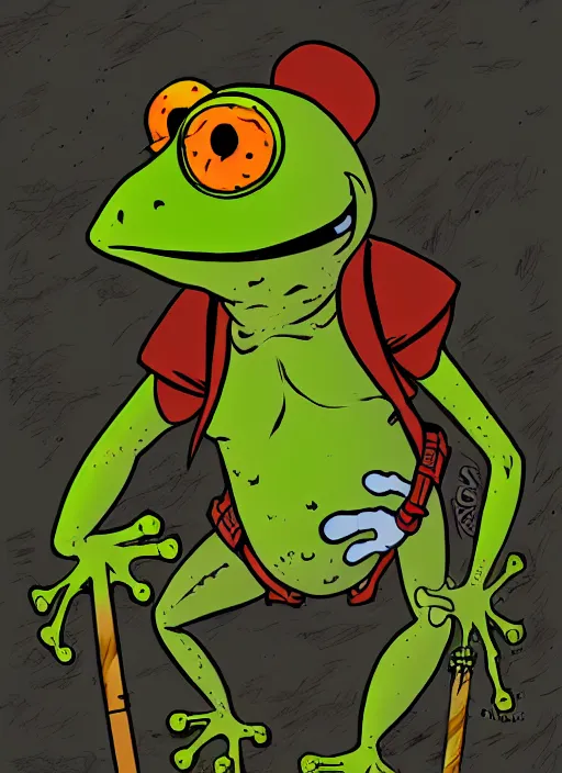 Image similar to an anthropomorphic frog dressed as a wasteland raider, in a post-apocalyptic wasteland, illustration in the style of Don Bluth, ralph bakshi, Peter Laird, Jamie Hewlett