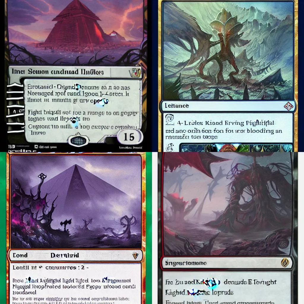 Prompt: an eldrazi devouring knights, blood pools everywhere, landscape with flying magic pyramids and totems