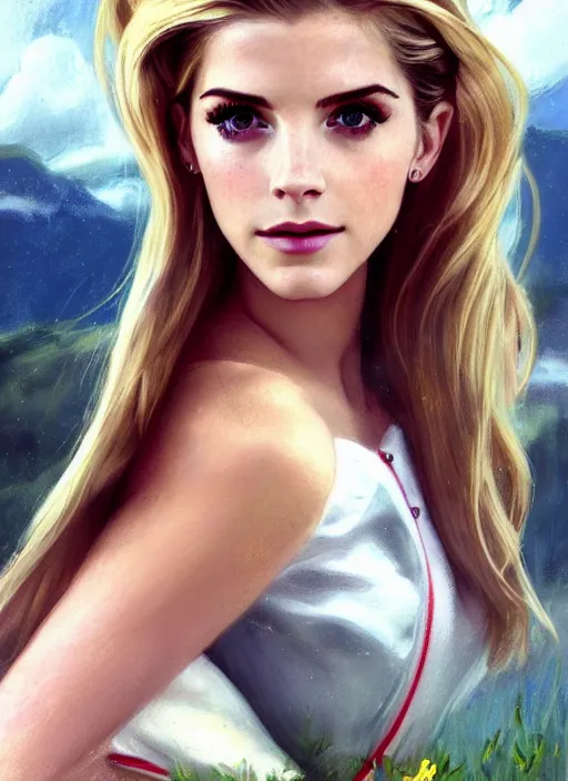 Image similar to portrait of a combination of Ashley Greene, Katheryn Winnick, Victoria Justice and Adriana Dxim, Grace Kelly, Emma Watson and Lily Collins with blonde hair as Sailor Moon, countryside, calm, fantasy character portrait, dynamic pose, above view, sunny day, thunder clouds in the sky, artwork by Jeremy Lipkin and Giuseppe Dangelico Pino and Michael Garmash and Rob Rey and Greg Manchess and Huang Guangjian, very coherent asymmetrical artwork, sharp edges, perfect face, simple form, 100mm