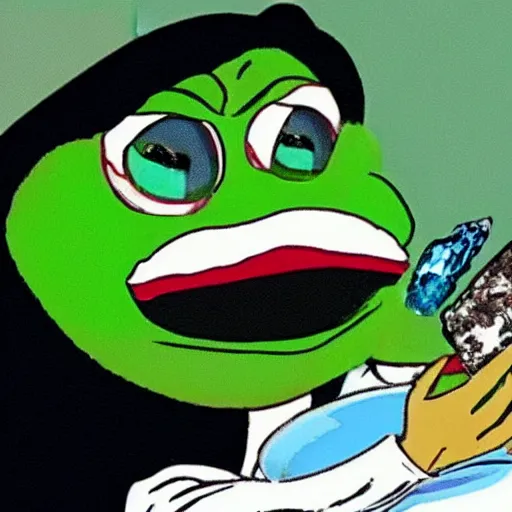 Prompt: someone forcing pepe to eat crystals