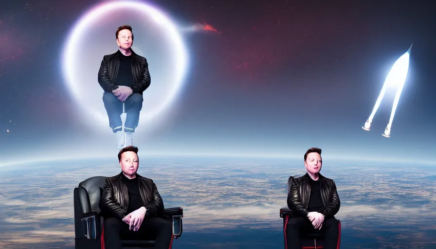 Image similar to elon musk sits on the throne, rockets take off in the background, fine details, digital art, volumetric lighting, cinematic light, photorealistic, 4 k, perfect face, fine details,