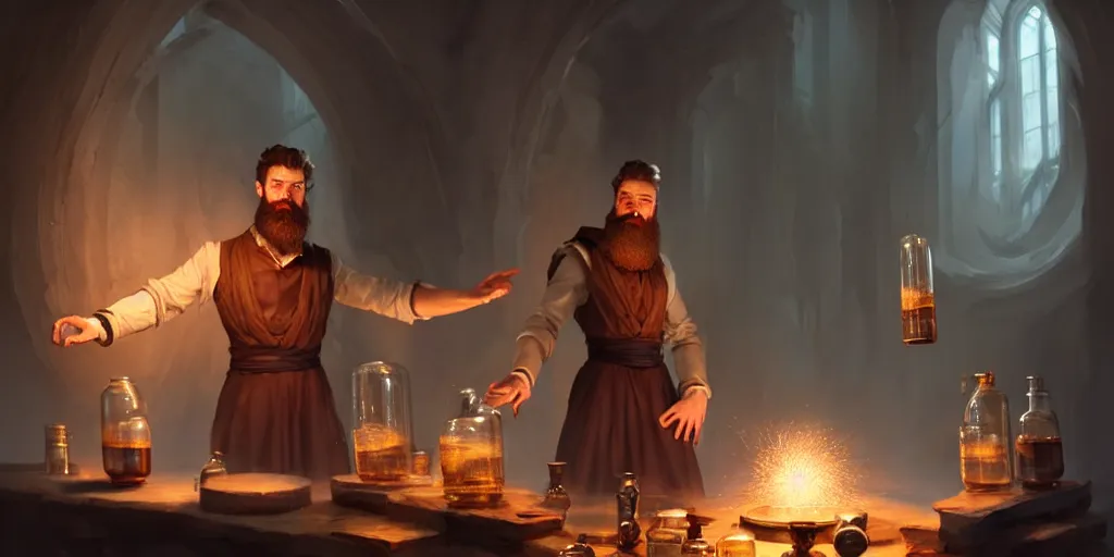 Prompt: a handsome bearded caucasian male sorcerer with brown hair he is casting a spell with flowing energy, he is in a alchemist lab filled with beakers and equipment, neutral pose, epic composition, 4 k, trending on artstation, by greg rutkowski, rudy siswanto
