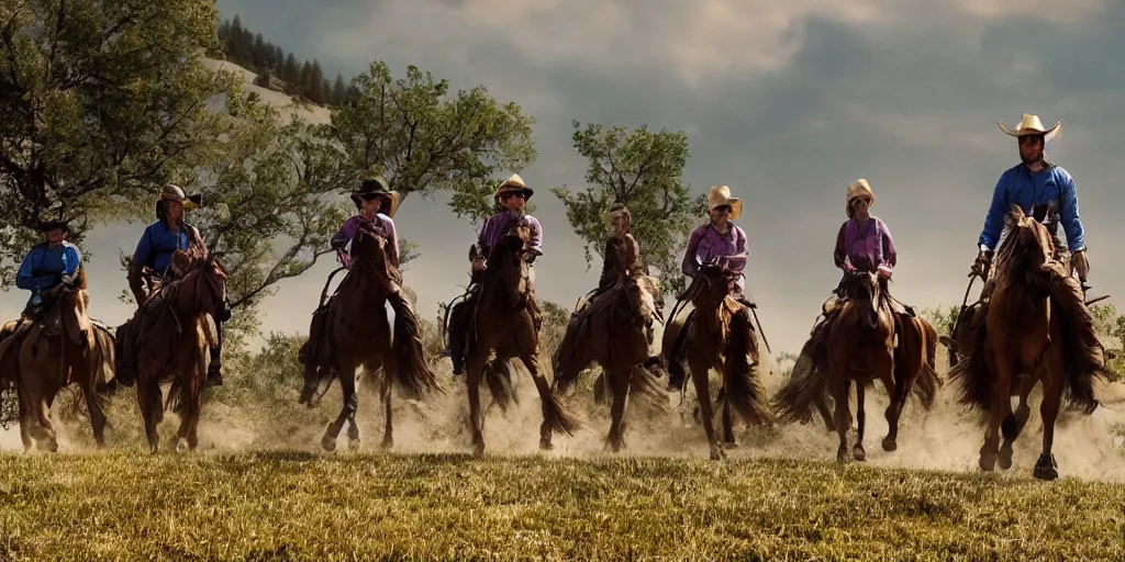 Prompt: promotional movie still rendered in 8 k hq 3 d octane ue 5, medium close - up, of an action shot from little bighorn, horseback riders have small bits of colorful clothing, majestic action, focusing on the offset center of the scene, intense dramatic hdr, natural light, cinematic lighting, extremely high detail, photorealistic