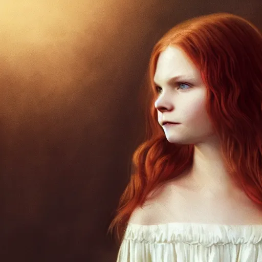 Image similar to majestic gracious regal aristocratic redhead child version of kirsten dunst as the vampire child claudia portrait, indoors, atmospheric lighting, painted, intricate, volumetric lighting, beautiful, rich deep colours masterpiece, sharp focus, ultra detailed, by leesha hannigan, ross tran, thierry doizon, kai carpenter, ignacio fernandez rios