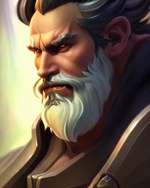 Prompt: reinhardt from overwatch, beard, scar through eye, character portrait, portrait, close up, highly detailed, intricate detail, amazing detail, sharp focus, vintage fantasy art, vintage sci - fi art, radiant light, caustics, by boris vallejo