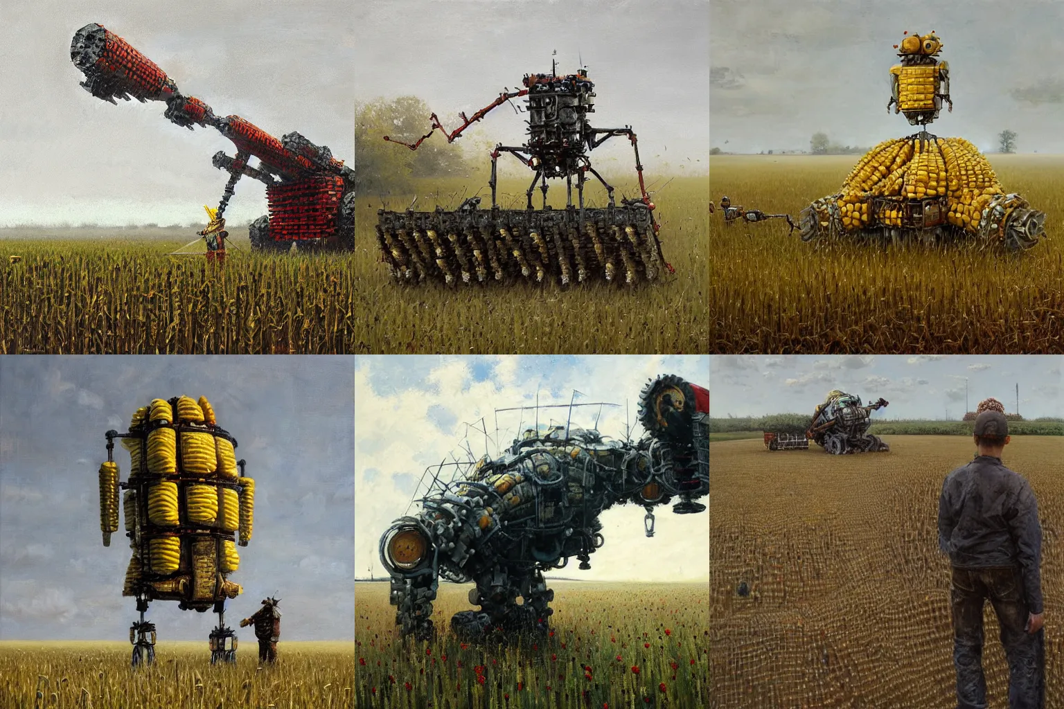 Prompt: corn mech by Jakub Rozalski, oil painting on canvas, mechanoid with a corn structure