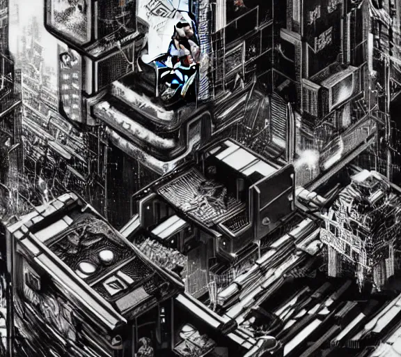 Image similar to a black and white illustration of a cyberpunk epic Friday night firefight in the style of MC Escher, Night City, cyberpunk 2077, 1979 OMNI Magazine Cover, street level neo-Tokyo in Cyberpunk 2045, 4k, 8k, HD, trending on artstation