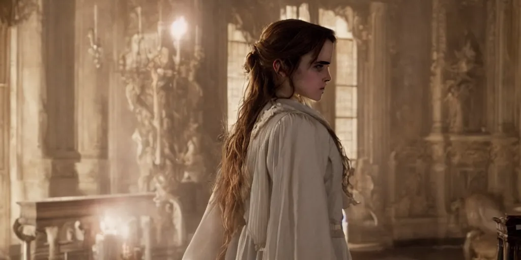 Prompt: Emma Watson as Hermione Granger long hair flowing robes baroque room cinematic lighting stanley kubrick barry lyndon Canon eos M50 200mm