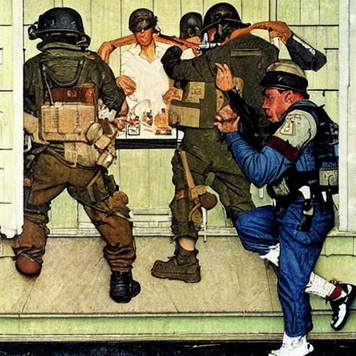 Prompt: A Norman Rockwell painting of a house being raided by a SWAT team, detailed, masterpiece