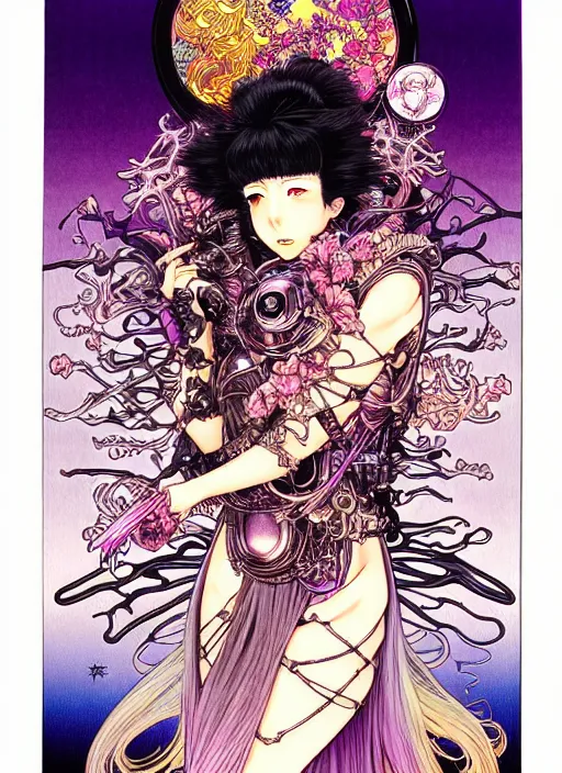 Prompt: highly detailed terada katsuya artstation manga poster of witch mechine, hajime sorayama, rainbow gradient bloom, long hair, armor, dress, laces, ruffles, 8 k, maximalist, ayami kojima, alphonse mucha