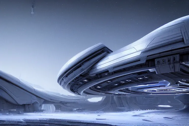 Image similar to futuristic space station in the snowy mountains 3 d concept art, cinematic lighting, intricate details, building by zaha hadid, pastel sunset, emissary space by arthur haas and bruce pennington and john schoenherr, cinematic matte painting, dark moody monochrome colors, trending on artstation, featured on behance