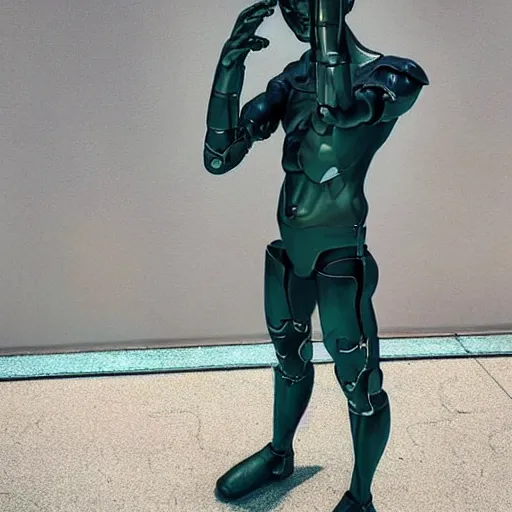 Image similar to “a realistic detailed photo of a guy who is an attractive humanoid who is half robot and half humanoid, who is a male android, twitch streamer Ninja Tyler Blevins, shiny skin, posing like a statue, blank stare”