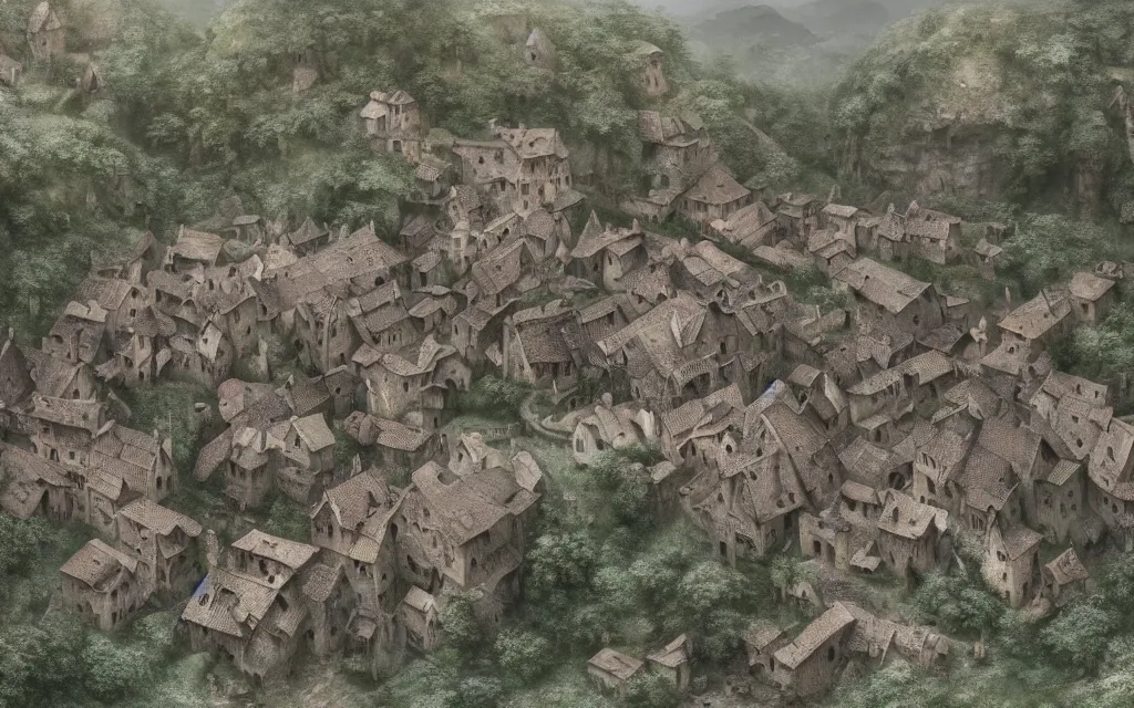 Image similar to view from above of a medieval village crossed by a stream and located in the mountains, highly detailed, cinematic lighting, perfect composition, 4 k, dark fantasy, intricate, elegant, digital painting, artstation, concept art, smooth, sharp focus, illustration gustave dore, derek zabrocki, greg rutkowski, belsinski, octane render