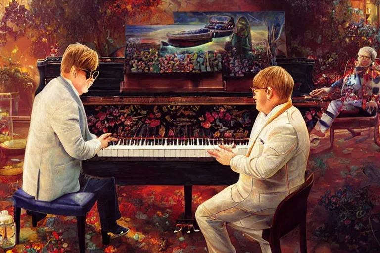 Prompt: elton john playing a piano in a pool filled with baked beans, an oil painting by ross tran and thomas kincade