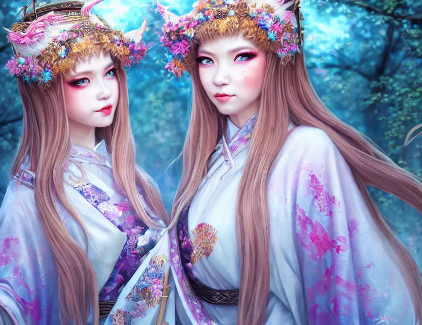 Image similar to two beautiful fashion siberian girls wear fantasy kimono in festival | | big eyes, sunny, dreamlike art, realistic shaded, smile, good looking, hyper details, 4 k realistic, cryengine, realistic shaded lighting poster by artgerm, ross tran, fuji choko, loish, 8 k resolution, trending on artstation, luxury