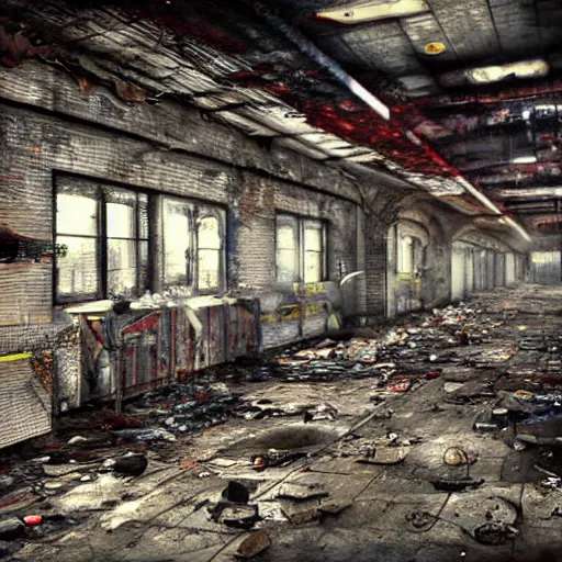 Image similar to santa's abandoned factory. cyberpunk. apocalyptic. sadness. mess. disorder. santa claus hat. abandoned gifts. water leaks. broken tiles. broken objects. high quality. high fidelity. digital art.