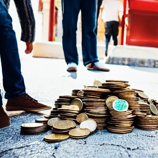 Prompt: dumping a pile of coins on a man standing in the street, selling boxes of kitchenware, on lsd