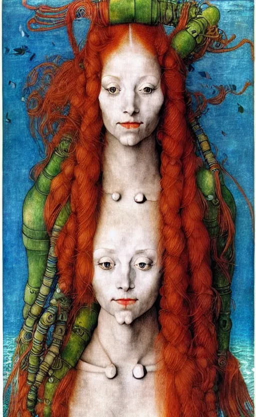 Prompt: portrait of a robot girl with long red hair and tattoo, under water, very beautiful enga style, girl wrapped in color, photorealism albrecht durer george copeland ault